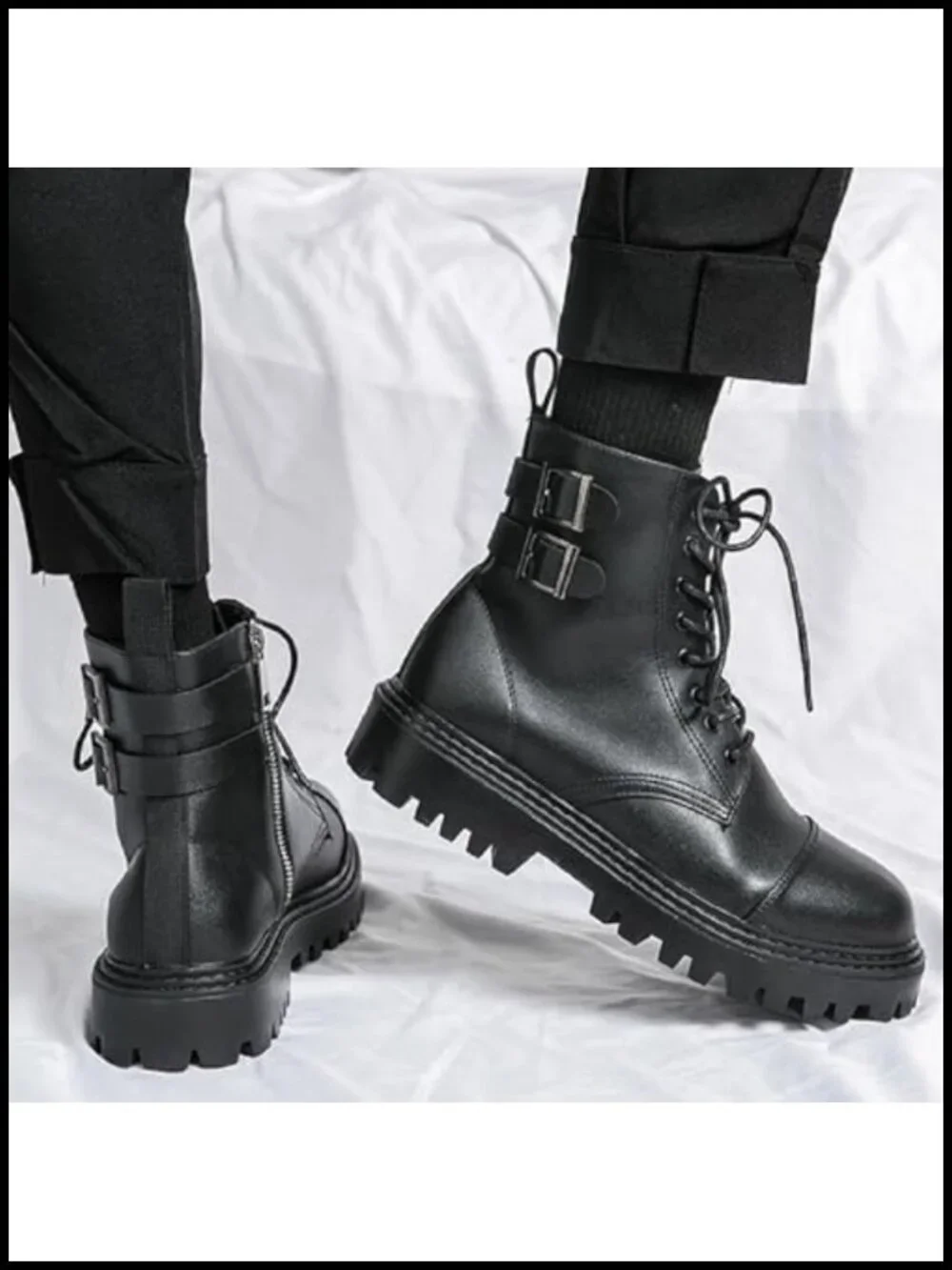 Leather Lace-Up Zipper Platform Combat Ankle Boots Non-Slip Waterproof
